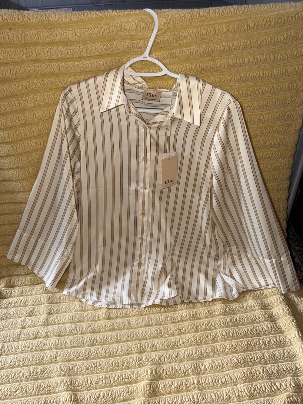 Elie Tahari White and Tan Vertical-Stripe Button-Down Blouse